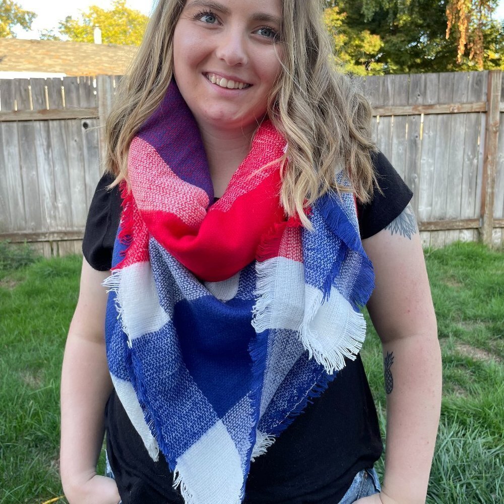 Color Block Blanket Scarf - Red/Royal Blue